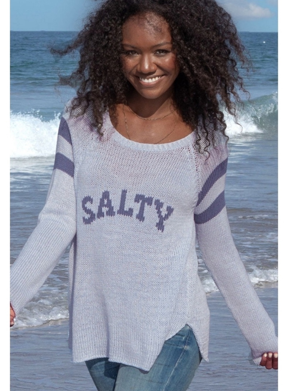 Wooden Ships Blue and White Salty Raglan Sweater Open Weave X/S - Picture 6 of 6